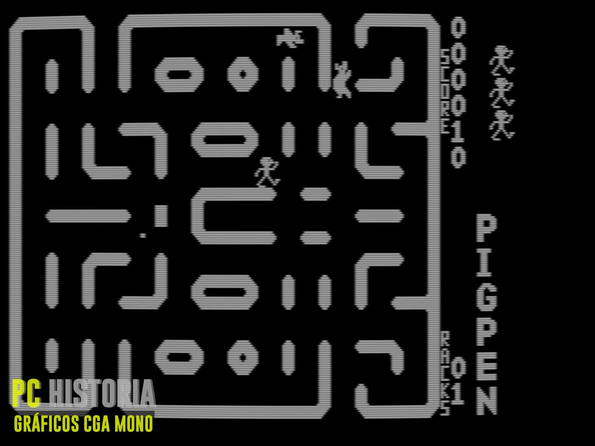 PC__Historia's tweet image. 🐖🌽 En Pig Pen (TMQ Soft, 1982) te convertías en granjero en un laberinto… sembrando maíz mientras esquivas cerdos desbocados. Coloca cultivo en las esquinas, recoge bonus y activa power-ups para volverlos bacon por un rato. Más cerdos = más puntos… y ¡más caos! #PC #DOS