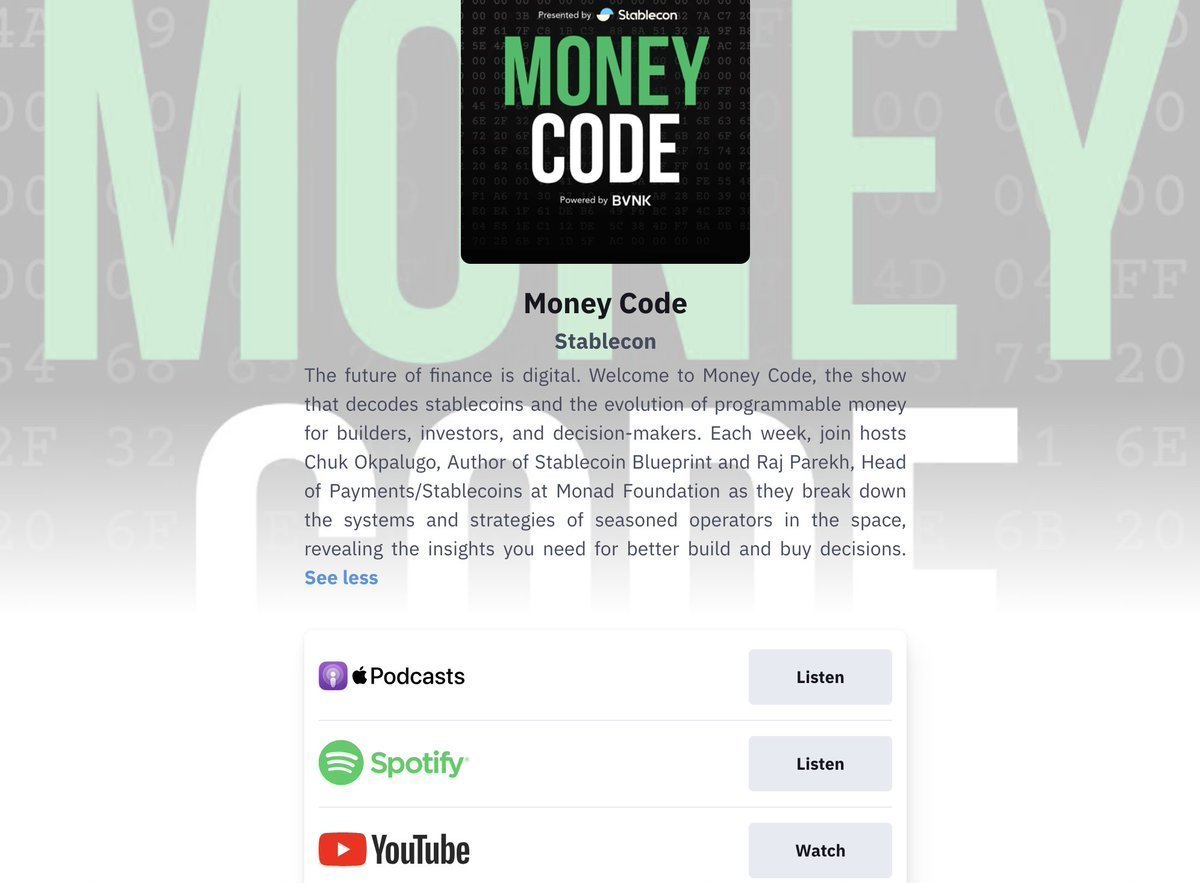 MoneyCodePod's tweet photo. In the meantime, you can watch your favorite #MoneyCode episode on YouTube or tune in on Apple Podcasts and Spotify!๐ง
Presented by @thestablecon. Powered by @BVNKFinance.
https://t.co/4sfZX3kdVx https://t.co/7C5sWDxXYy