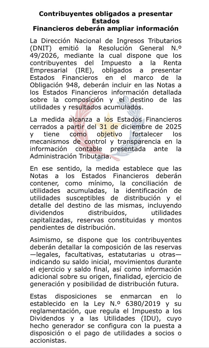 DESESPERADOS POR RECAUDAR Y SEGUIR ROBANDO, NO 6 SINO MÁS MILLONES DE DÓLARES AL DÍA, la DNIT LANZA LOS "RAYOS X" A TUS UTILIDADES.

Emitió ayer la resolución 49/26: la formalización de lo que mencioné en el hilo anterior y el preludio de lo que vendrá.🧵