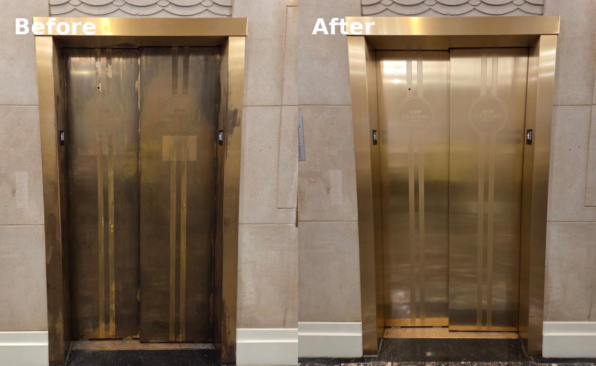 solid_care's tweet photo. From worn to restored.

We brought a downtown Nashville hotel elevator entrance back to a polished, like-new bronze finish.

#MetalRestoration #HotelMaintenance #FacilitiesManagement https://t.co/gi6GVA0vGb