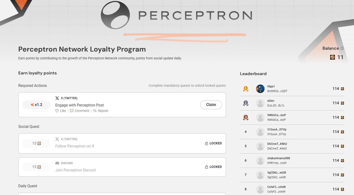 Perceptrons ra mắt Loyalty Program. AE chiến nhé

dự án <a href="/PerceptronNTWK/">Perceptron Network</a> sắp TGE rồi, đây là cơ hội cuối để kiếm Airdrop free từ dự án nhé

👉Join Perceptrons Loyalty : quests.perceptrons.xyz/loyalty?referr…

- Kết nối ví Sol (trùng với ví join Depin Perceptrons)
- Liên kết X,