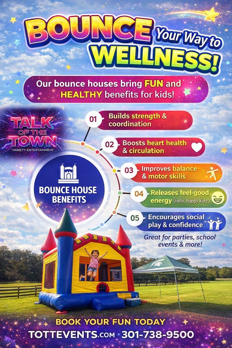 TOTTEVENTS's tweet photo. 📲 Book your bounce house today: https://t.co/JDg8s5kO1B
📞 301-738-9500
#TalkOfTheTown #BounceHouseFun #KidsWellness #PartyRentals #EventFun #HealthyPlay #LetThemBounce https://t.co/AdEKqjbC7R