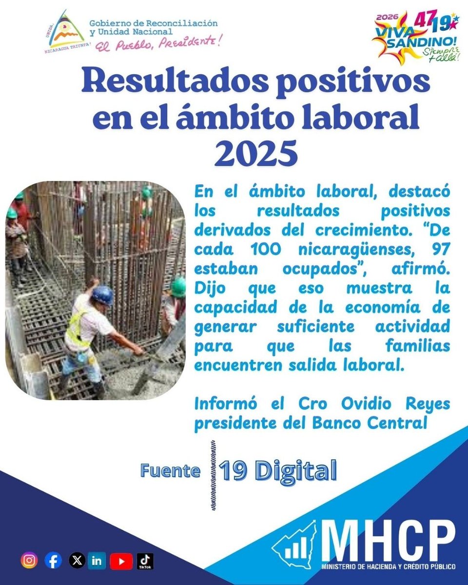 Durante las declaraciones brindadas en la Revista en Vivo de Canal 4,  el presidente del Banco Central,  Compañero Ovidio Reyes se refirió al desempeño en el ámbito laboral niaraguense durante el año 2025