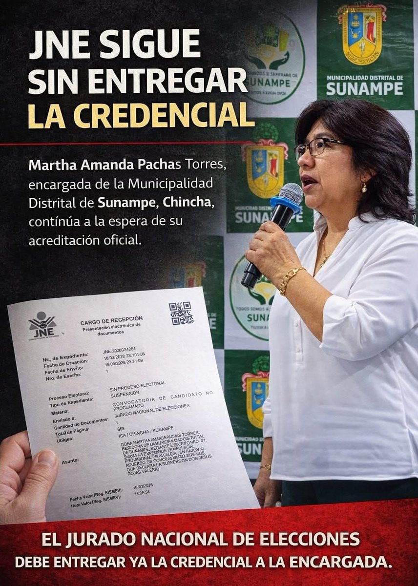 Gabilyb's tweet photo. #Nacional 
#SUNAMPE NO PUEDE SEGUIR SIN AUTORIDAD FORMAL
La Demora en la credencial mantiene en incertidumbre la gestión de la Municipalidad Distrital de Sunampe. #chincha
El ex alcalde de la Municipalidad se encuentra actualmente con prisión preventiva @JNE_Peru https://t.co/MBrsLUFd6i