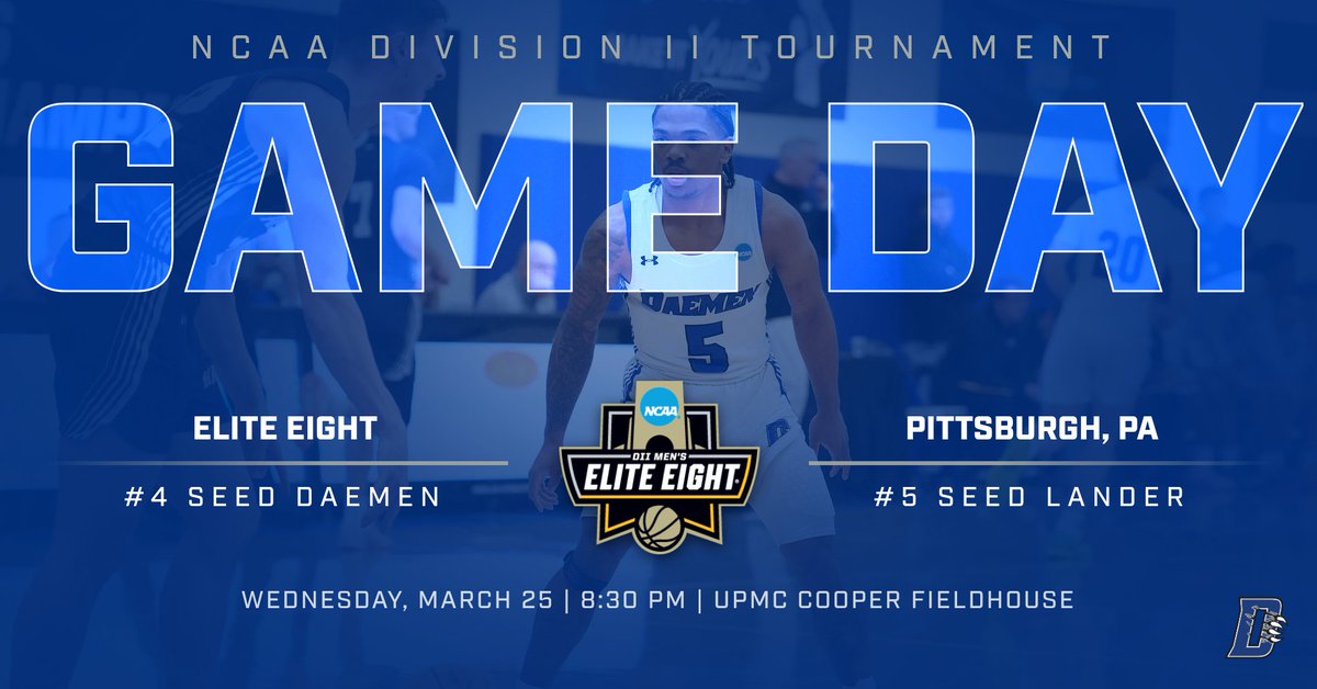 DaemenMBB's tweet photo. ELITE EIGHT GAME DAY!!!
🏀vs #5 seed Lander
📍Pittsburgh, PA | UPMC Cooper Fieldhouse
📺https://t.co/SfZ5fvRWx1 (ESPN+)
📈https://t.co/RDBBRMYH5M
📰https://t.co/VlqxmEkzTS https://t.co/EIlgxAGYoL