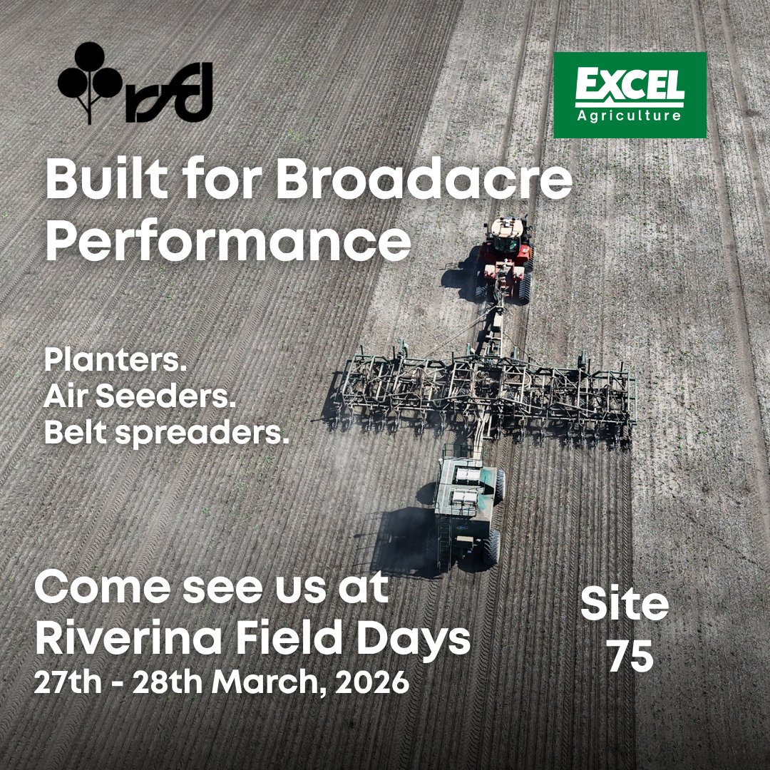 Excelagr's tweet photo. 🚜 Join Excel Agriculture at Riverina Field Days
27–28 March 2026
Explore our latest planters, air seeders and spreading solutions designed for Australian conditions.
Come and talk to the team.
📍 Site 75
📞 1800 439 235
#ExcelAgriculture #RiverinaFieldDays https://t.co/ZQ8SPnRL0x