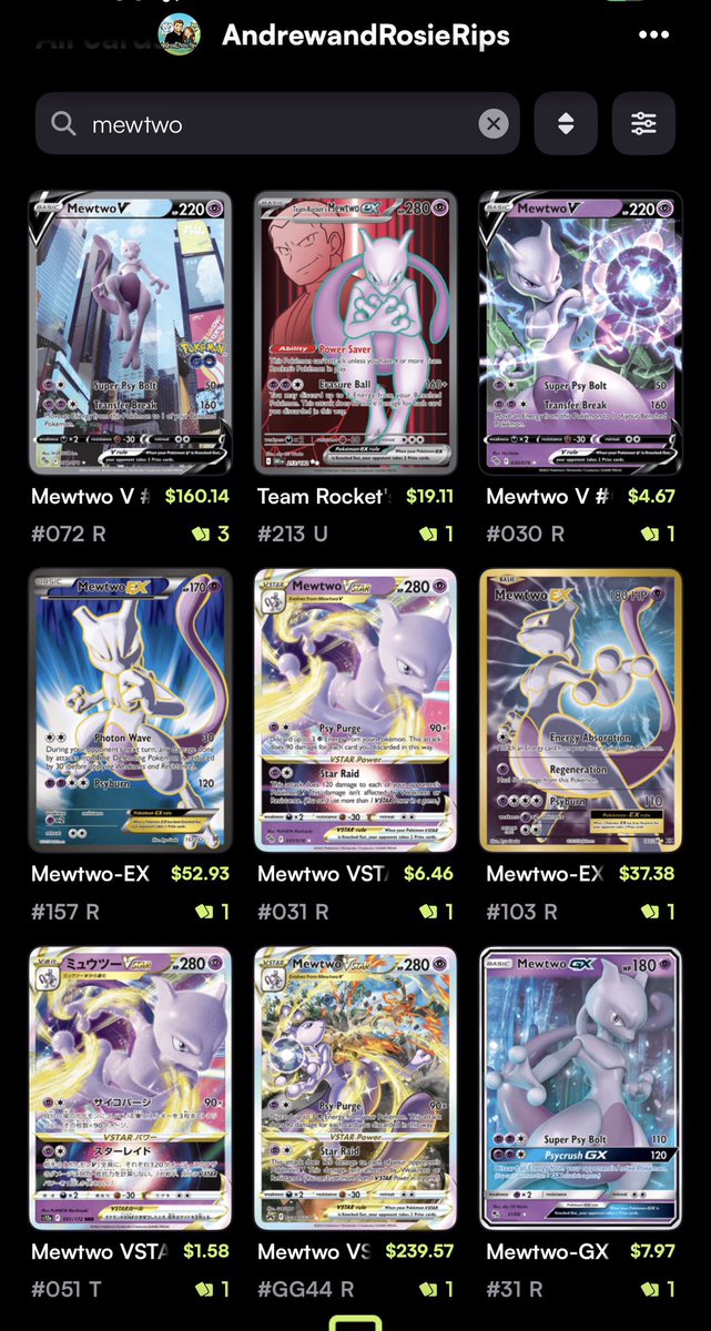 Andrewdeeeeee's tweet image. What’s your #Mewtwo collection look like on @RareCandy?? Share below I want to see some sick cards!! 

Here’s our favorites!