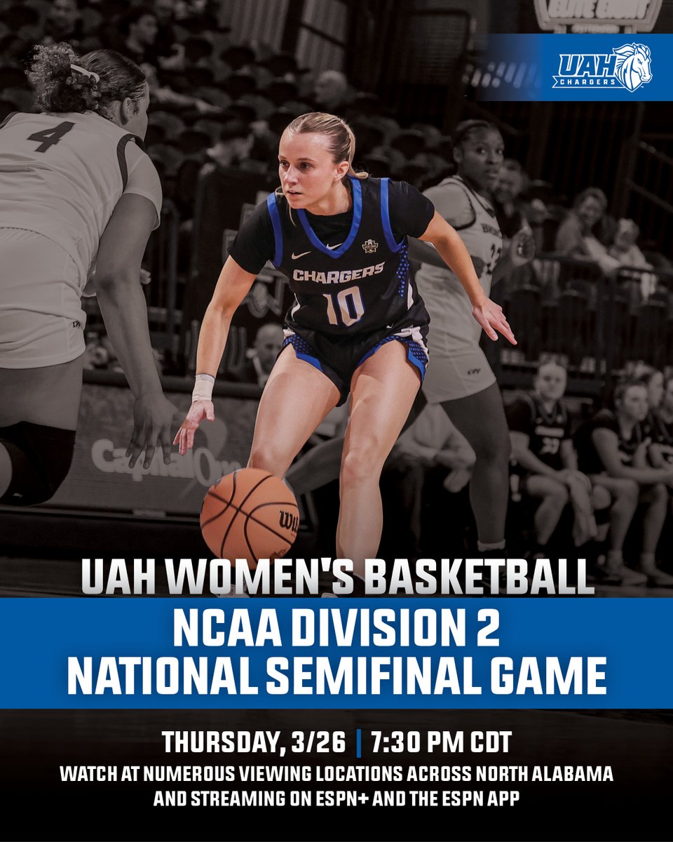 UAHuntsville's tweet photo. UAH Women’s Basketball is headed to its first-ever NCAA DII semifinal! 🏆✨ They face Grand Valley State March 26 at 7:30 p.m. CDT (ESPN+).

Watch parties:
📍 Charger Union Theater (7 PM)
📍 Back Forty (7:30 PM)
📍 Walk-On’s (7:30 PM)
📍 Old Black Bear (5:30–6:45 PM) https://t.co/SZxQoVRPNk
