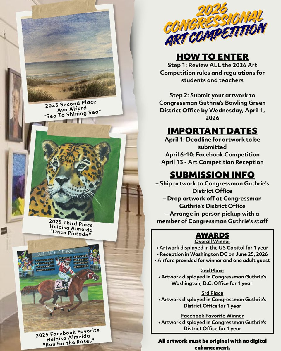 RepGuthrie's tweet photo. The deadline to submit for the 2026 Congressional Art Competition is one week away!
If you are a #KY02 high school student interested in the chance to have your art displayed in the Capitol, click the link below to learn more.
https://t.co/3LkanusJNo https://t.co/PGdwH2L0Yf