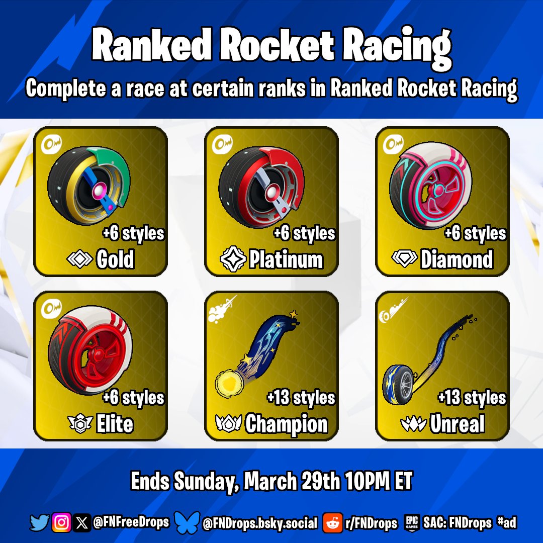 FNFreeDrops's tweet photo. Due to Rocket Racing being sunsetted, its Ranked Quests now end this Sunday, March 29th 10PM ET

RIP Rocket Racing 🫡 https://t.co/JI3kFC3Ha3