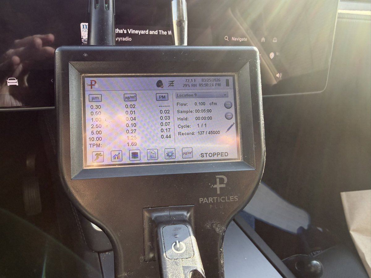 BrianFlaherty10's tweet photo. Tesla bio weapon defense in action on my Model Y. This was after only about 5 minutes of driving. The longer I drive the cleaner the air. IAQ Elon Musk https://t.co/M43uqEQrMF