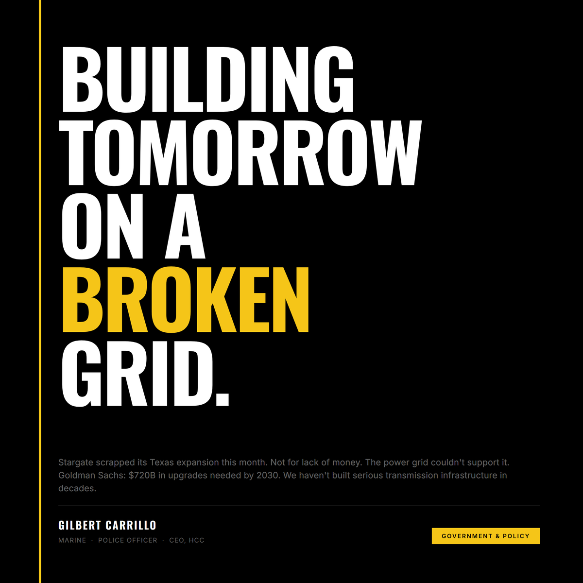 We are trying to build the most advanced technology on earth using electrical infrastructure from the 1970s.

As someone who has spent a career inside public institutions, I know how deferred decisions compound. This one has been visible for years.

Stargate scrapped...