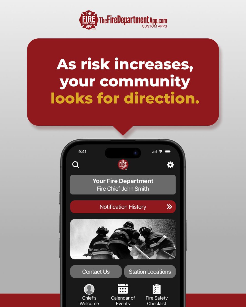 TheFireDeptApp's tweet photo. As risk increases, your community looks for direction. Be clear. Be early. Be ready. https://t.co/HSuoHnOsWf