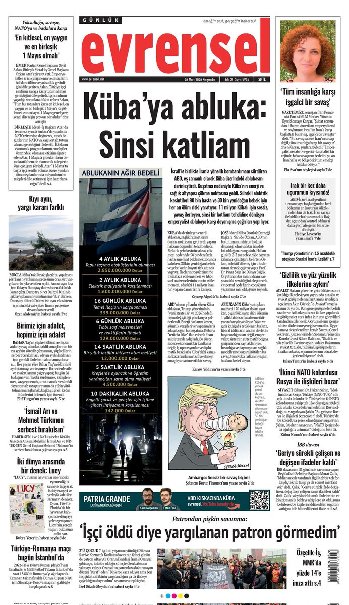 > İsrail’le birlikte İran’a saldırıları sürdüren ABD, bir yandan da Küba ablukasını derinleştirdi.
> Kuşatma nedeniyle Küba’nın enerji ve sağlık altyapısı çökme noktasında. 
> Sürekli elektrik kesintileri 90 bin hasta ve 30 bin yenidoğan bebek için her an ölüm riski yaratıyor.
>