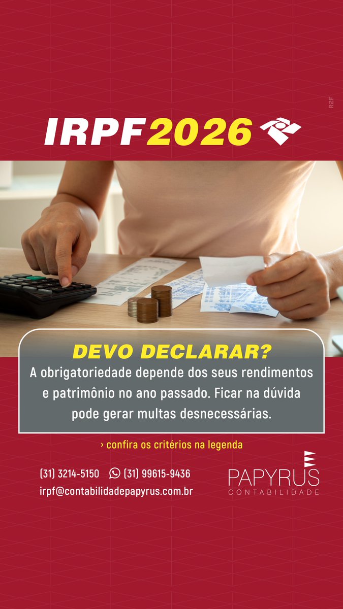 PapyrusContabil's tweet photo. Obrigatoriedade de entrega do IRPF2026:

✅ Rendimentos tributáveis totais recebidos em 2025 acima de R$ 35.584,00;

✅ Rendimentos totais de atividade rural recebidos em 2025 acima de R$ 177.920,00.

Entre outros critérios. Para saber mais, acesse https://t.co/83vpbPmQwE https://t.co/IUh5HdRBUY