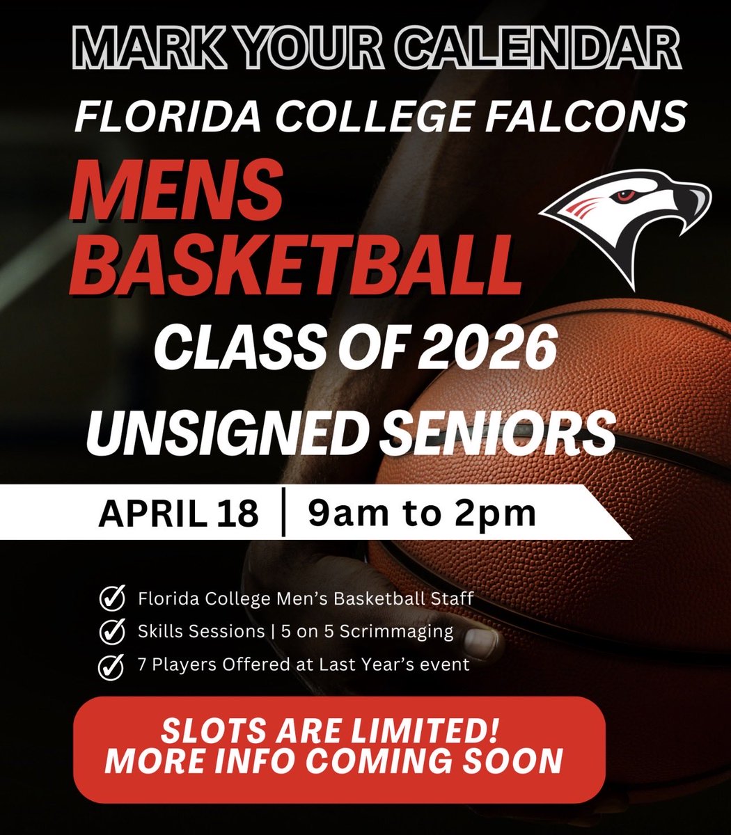 Mark Your Calendars 📅 🏀 
Florida College Unsigned Senior Camp is less than a month away! Be on the lookout for more information regarding registration. Maximum 40 players. Looking for varsity and development team players!