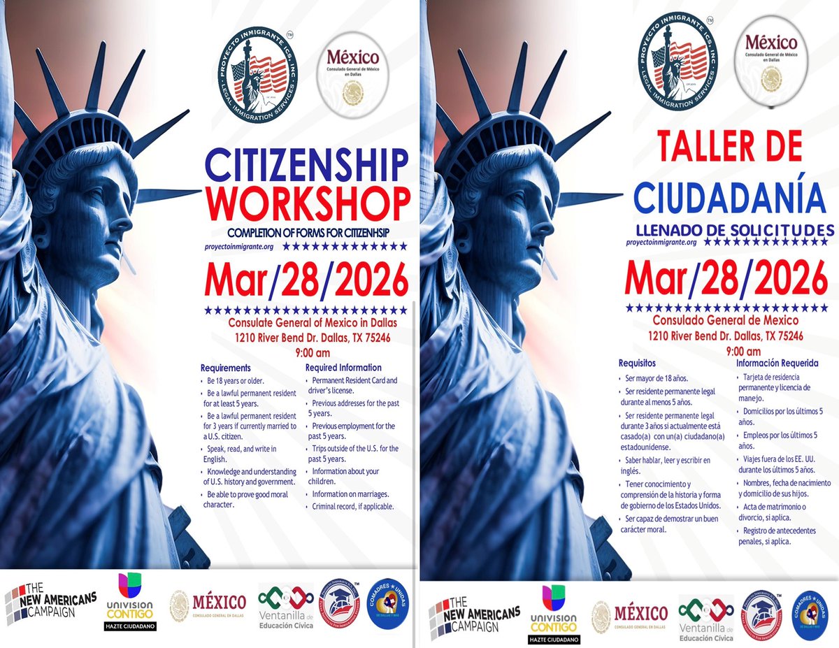 ProyectoDFW's tweet photo. Free Citizenship Workshop at the Consulate General Of Mexico in Dallas / Taller de Ciudadanía Gratis en el Consulado General de México en Dallas - https://t.co/YfsnTfTdIy https://t.co/CrBvAqtH2C