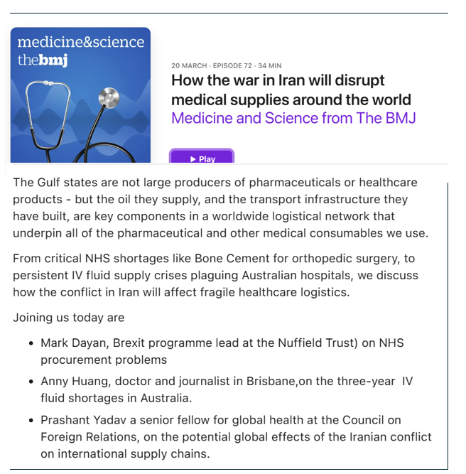 ProfYadav's tweet photo. I joined the Medicine and Science podcast by the BMJ (@bmj_latest)  to discuss the potential impact of the Iran war on pharmaceutical and medical device supply chains. #Iran #war #pharmaceutical #supplychain @CFR_org 
https://t.co/1qSm4gSPSl https://t.co/25QMrNwVtg