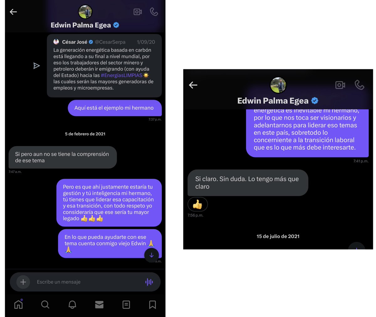 CesarSerpa's tweet photo. PRESIDENTE PETRO, justamente hace 5 años conversé sobre ese mismo tema con su actual Ministro de Energía @PalmaEdwin, quien en aquel momento él era líder de @USO_SINDICATO y en una época en la que casi nadie consideraba convertir a Ecopetrol en una empresa de energías renovables, pues desde ese entonces yo ya le planteaba al hoy compañero Ministro Palma que ese iba a ser el inevitable camino de la evolución de nuestra mayor empresa pública y que por ende había que comenzar a preparar a los trabajadores de Ecopetrol para esa evolución, por medio de capacitaciones en temas eléctricos y de una transición laboral paulatina hacia la instalación masiva de paneles solares, ES EN ESO EN QUE DEBERÍA ESTAR CONCENTRADO EL SINDICATO PETROLERO SI QUIERE APOSTARLE Y ADAPTARSE AL FUTURO; aquí le dejo las pruebas:
👇👇👇👇👇👇👇👍👍👍👍👍👍