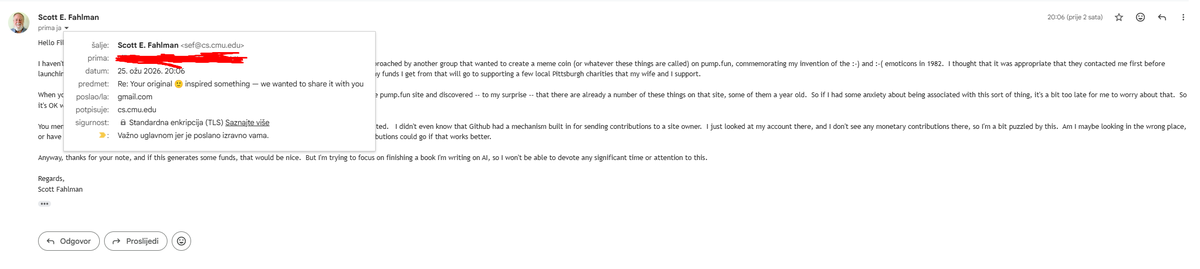 We’ve received an official reply from Scott Fahlman full email shown ...
