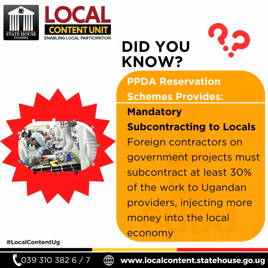 🌙 Late Night Reminder
PPDA Reservation Scheme mandates that foreign contractors subcontract at least 30% of government project work to local providers, encouraging local participation 🇺🇬
#LocalContentUg | 039 310 3826 / 7 | The State House Local Content Unit <a href="/SH_LocalContent/">State House Local Content Unit</a>