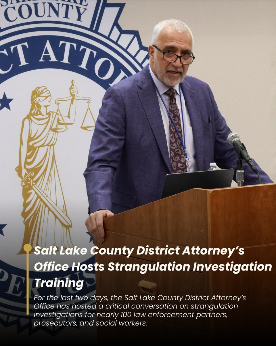 SLCountyDA's tweet photo. For the last two days, the Salt Lake County District Attorney’s Office has hosted a critical conversation on strangulation investigations for nearly 100 law enforcement partners, prosecutors, and social workers. Strangulation is a leading risk factor regarding domestic violence homicides. Victims who experience non-fatal strangulation by an intimate partner are 750% more likely to be murdered by that partner in the future. Salt Lake County is dedicated to preventing domestic violence homicides and training our law enforcement officers about the danger of strangulation is one step to accomplishing those goals. Information is power! We are grateful to our partners for keeping our community safe!