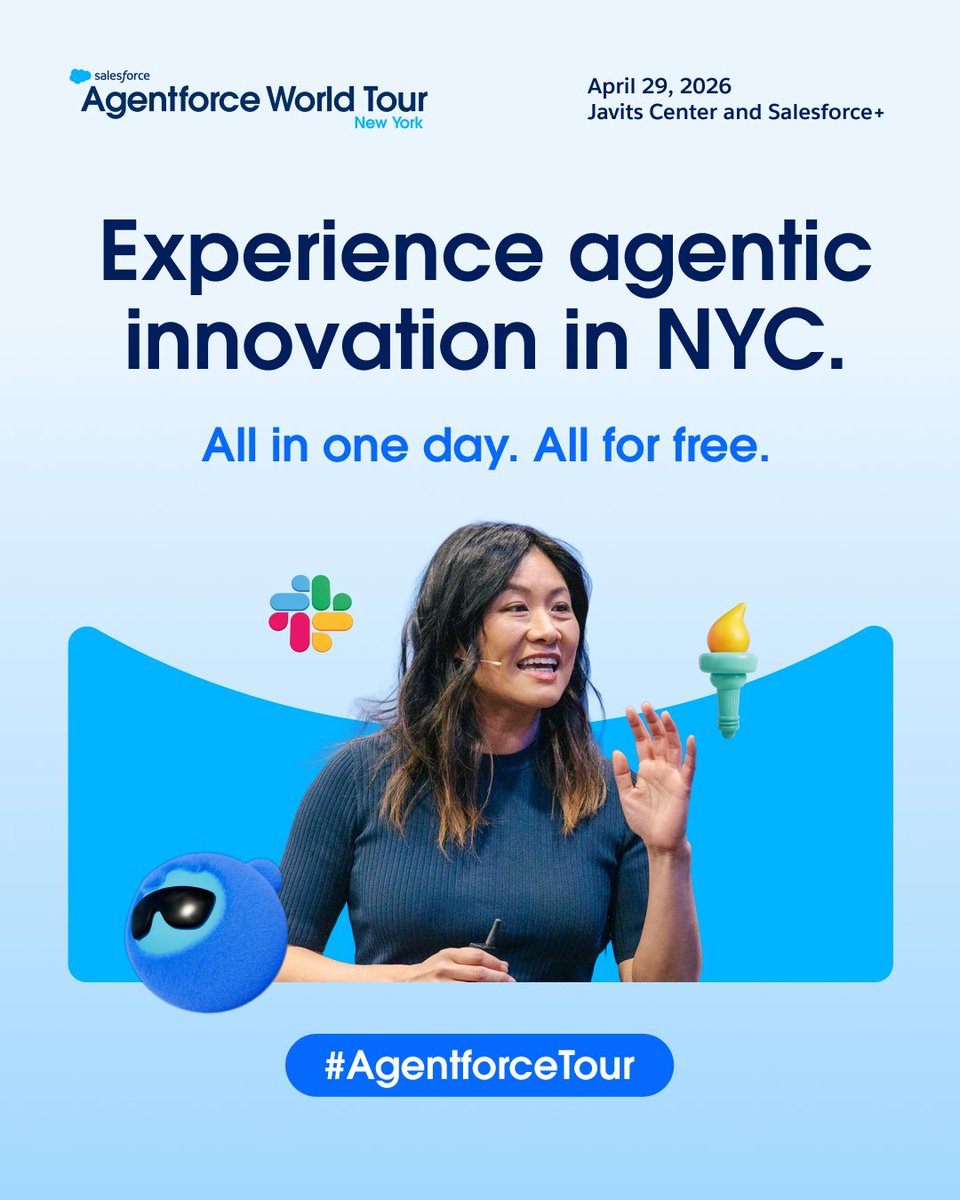 MariaPtouchkina's tweet photo. Innovation never sleeps in NYC! 🌃 Join us at #AgentforceTour to hear from leaders putting AI to work and get your own hands on the latest tech.

Sign up here: https://t.co/e4aBQbdf1U https://t.co/HBMcfCRUHl