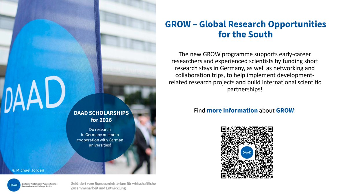 l DAAD abrió la convocatoria GROW – Global Research Opportunities for the South, con becas para estancias doctorales, posdoctorales o docentes en Alemania en áreas vinculadas a los ODS.

📅 Cierre: 30 abril 2026
📅 Estancias: ago 2026 – ene 2027

ow.ly/x8CH50YyVqZ
