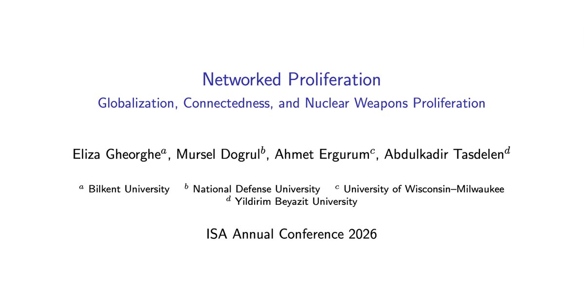 eahmetir's tweet photo. Glad to present my co-authored articles on AI policies of middle powers, network analysis of nuclear weapons proliferation and deliver a talk on drones in the East Med region at a roundtable at the International Studies Association Annual Conference in Ohio @isanet. #ISA2026 https://t.co/QT6BaNWE8C