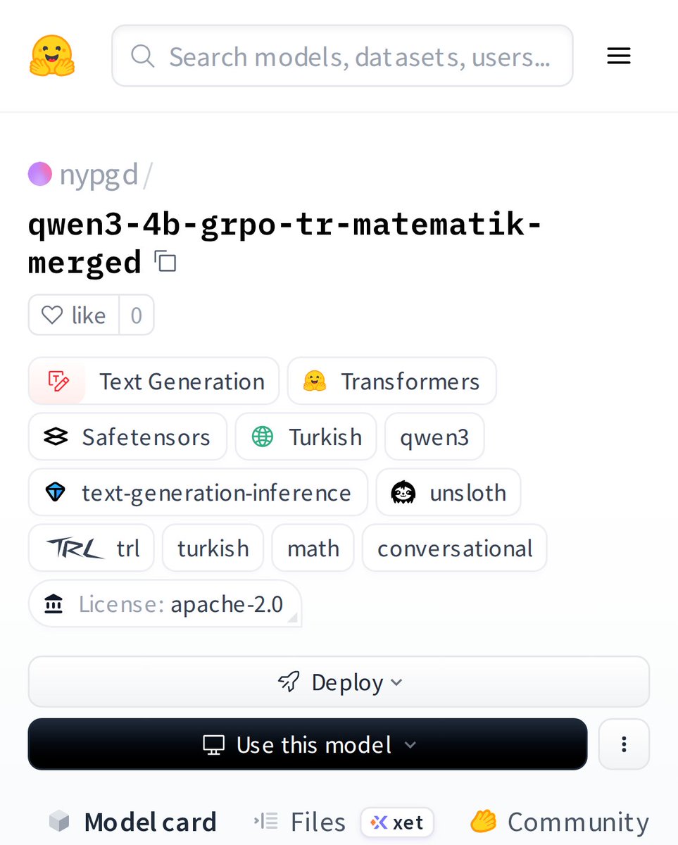 HuggingModels's tweet photo. Meet a specialized Turkish math genius in AI form. This model isn't just another chatbot. It's a 4B parameter Qwen3 model, fine-tuned with GRPO for Turkish language and mathematical reasoning. A true niche expert. https://t.co/6d7WnPd8KI