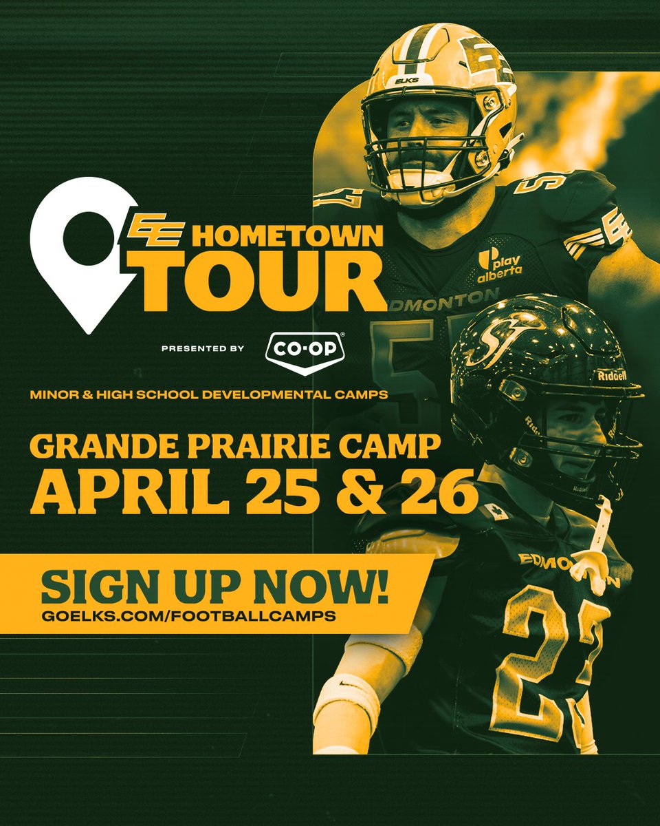 GoElks's tweet photo. The Tour Is Back 🔁

The Co op Hometown Tour is back and heading to Grande Prairie! Spots are limited so register now for your chance to train with EE players and local talent at this two day football camp at the JDA County Sportsplex.

REGISTER NOW | https://t.co/D7N1hPiTUZ 

#GoElks | @CoopCRS