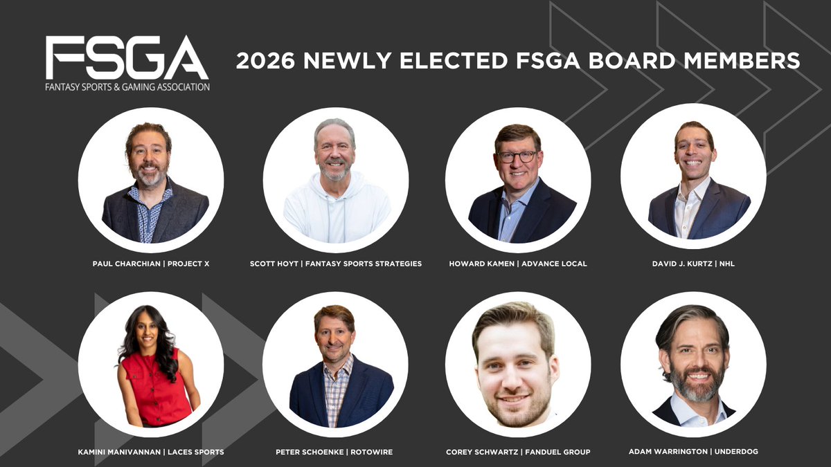 FSGAtweets's tweet photo. FSGA is excited to announce the results of its 2026 Board of Directors elections. Please join us in welcoming and supporting these board members as they begin their terms April 1, 2026: 

Paul Charchian | Project X
Scott Hoyt | @fsstrats 
Howard Kamen | @AdvanceLocal 
David J. Kurtz | @NHL 
Kamini Manivannan | @LacesSports 
Peter Schoenke | @RotoWire  
Corey Schwartz | @FanDuel 
Adam Warrington | @Underdog 

Full release available on the FSGA website: https://t.co/WN1QQISRqW