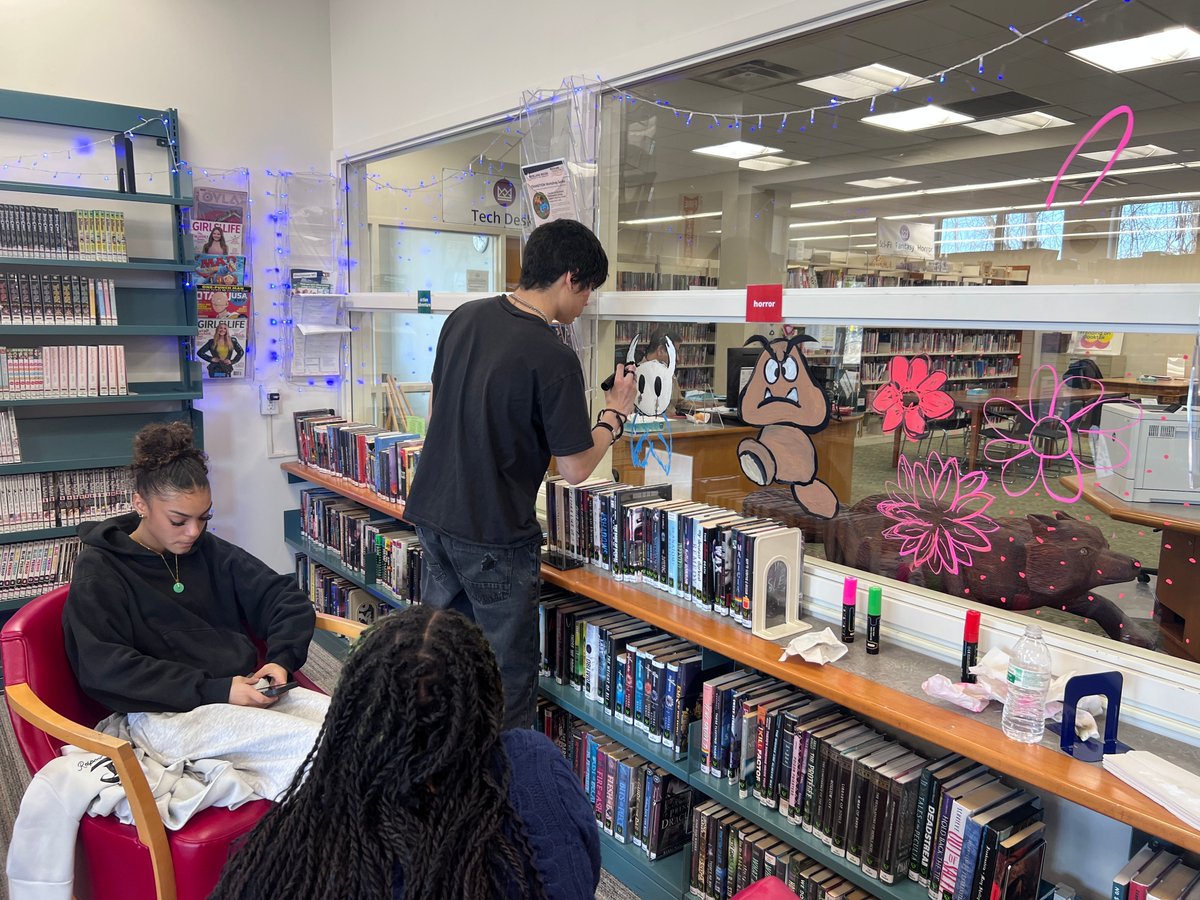 HKDPLibrary's tweet photo. Our teens expressed themselves by creating designs for the windows in the teen room - come see their handiwork! It will be up for a month. Teens, if you're interested in painting your own design, send an email to teens@haverstrawlibrary.org to register for our next program! https://t.co/vYi3M5c4n5