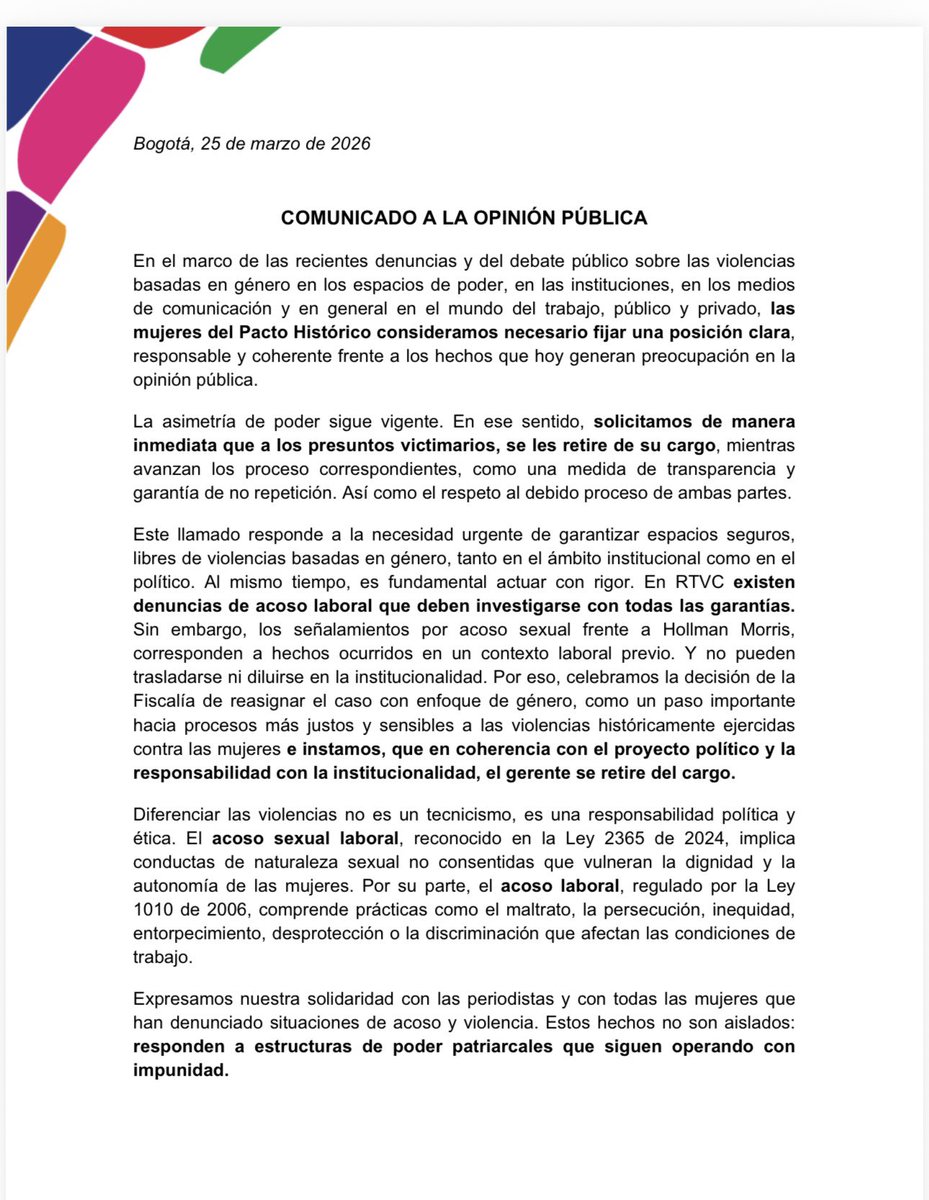 PactoUK's tweet photo. El sr @HOLLMANMORRIS debe ser retirado de su cargo mientras avanzan las investigaciones.
Un funcionario con este tipo de denuncias no puede seguir como si nada. La defensa de los derechos de las mujeres y del trabajo digno debe ser coherente, sin importar de quién se trate. https://t.co/69ixoAIaxU