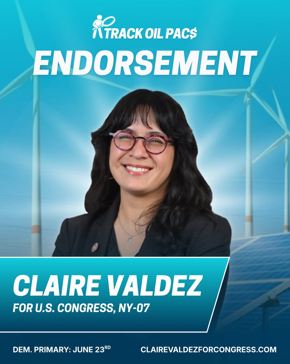 TrackOilPACs's tweet photo. The fight against fossil fuels requires bold action on public power. @claireforny is fighting to deploy clean energy at scale &amp; bring down our utility bills.☀️

She will regulate AI-data centers &amp; protect our communities in Congress.

We are proud to endorse her for #NY7. https://t.co/JabXSNWWiK