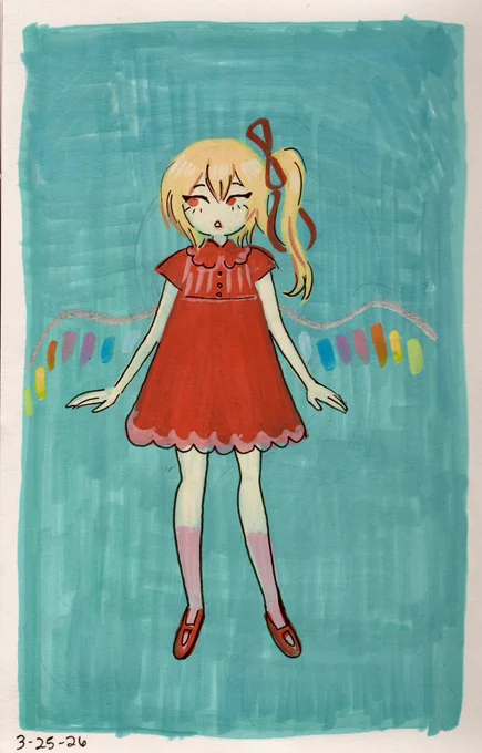 I was avoiding my sketchbook cuz i had drawn and erased so much on the current page that the graphite wouldn't come off anymore so I painted over the whole thing in acrylic marker and free handed flandre and prayed. Inspired by the work of pidgin doll!!