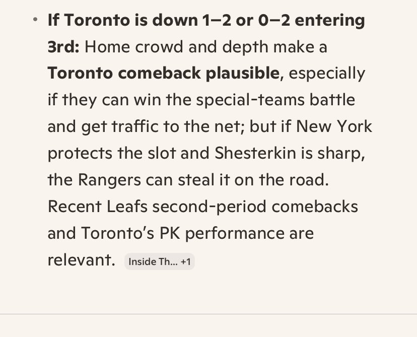 ViaVeronaLA's tweet photo. 🏒what to expect in 3P if game is tied, or Toronto trails by 1 or 2 goals. 🤔#NHL

🔮Maple Leafs 3, NY Rangers 2 https://t.co/4p4ZQMGt1X