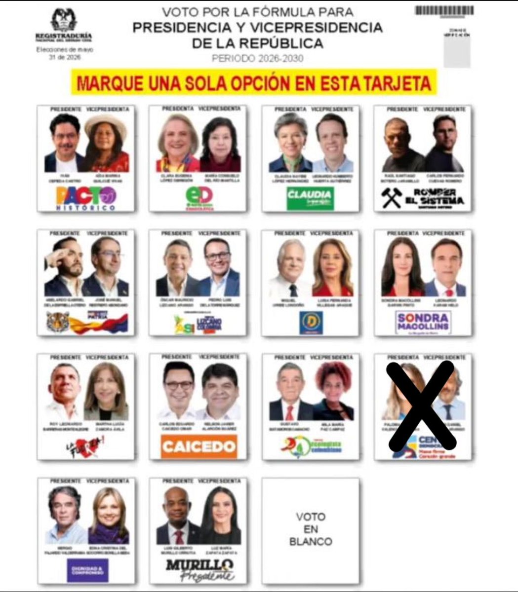 La única opción de salvar a Colombia es votar por Paloma Valencia.

Así debes marcar este 31 de mayo
