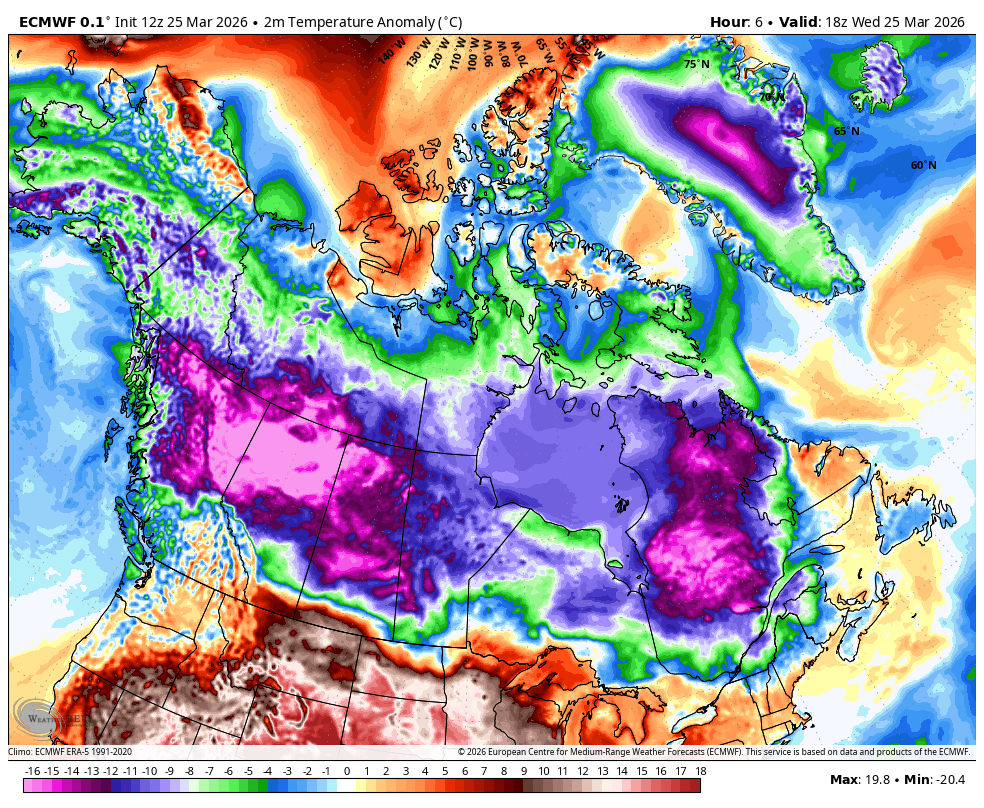 AnthonyFarnell's tweet photo. Persistent US record heat dome vs never ending winter across most of Canada. From 20°C above normal to 20°C below normal. Quite the exchange rate!!! https://t.co/l7U0pkUCLr