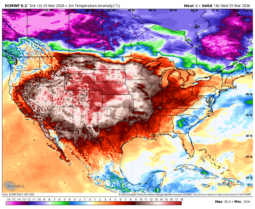 AnthonyFarnell's tweet photo. Persistent US record heat dome vs never ending winter across most of Canada. From 20°C above normal to 20°C below normal. Quite the exchange rate!!! https://t.co/l7U0pkUCLr