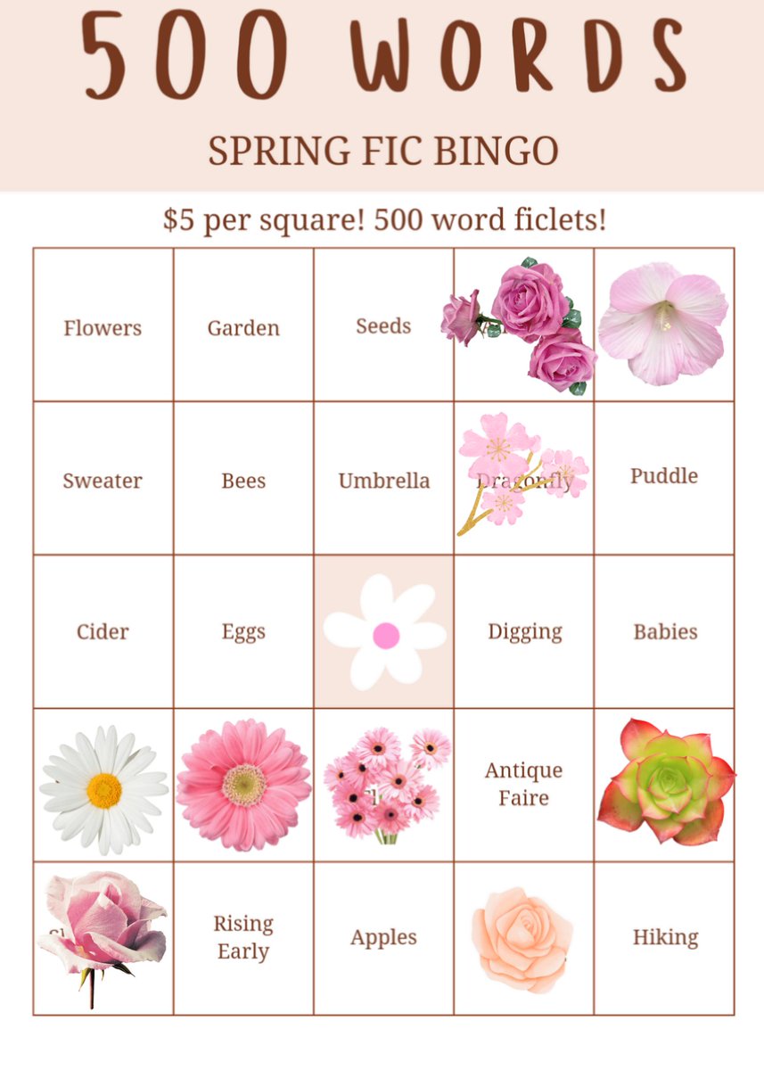 Bringing back the Spring-o!
$5 for one 500 word drabble with papcest pairing of choice! If we get a bingo I'll do a bonus chapter with 1k+ words!
Read what came before:
archiveofourown.org/works/55825003
Donate here to claim a spot:
ko-fi.com/graciedoesart