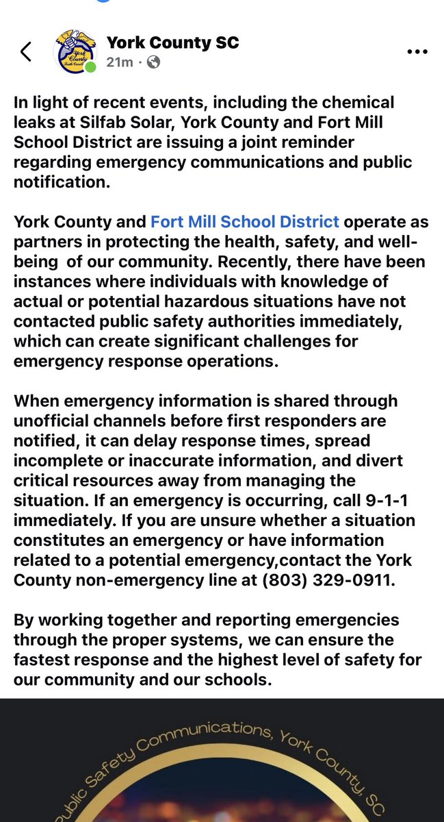 CaitlinYorkSC's tweet photo. Interesting that the focus is on whether citizens reported fast enough…
instead of whether a company handling dangerous chemicals reported immediately like they’re required to.
The public shouldn’t be the backup safety system for industrial leaks.
#silfabsolar https://t.co/aIFNd5MylC