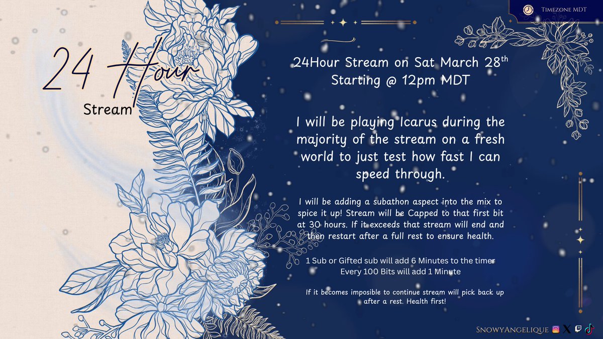 SnowyAngelique's tweet photo. 24 hour stream incoming on March 28th! Going to have a subathon aspect to it as well. Per 1 sub/gifted it will add 6 minutes to the timer and per 500 bits it adds 5minutes to the timer follows add 30 seconds
https://t.co/KGNEacPPfW
#twitchstreamer #twitch #gamergirl  #icarus https://t.co/xDS1r0umea