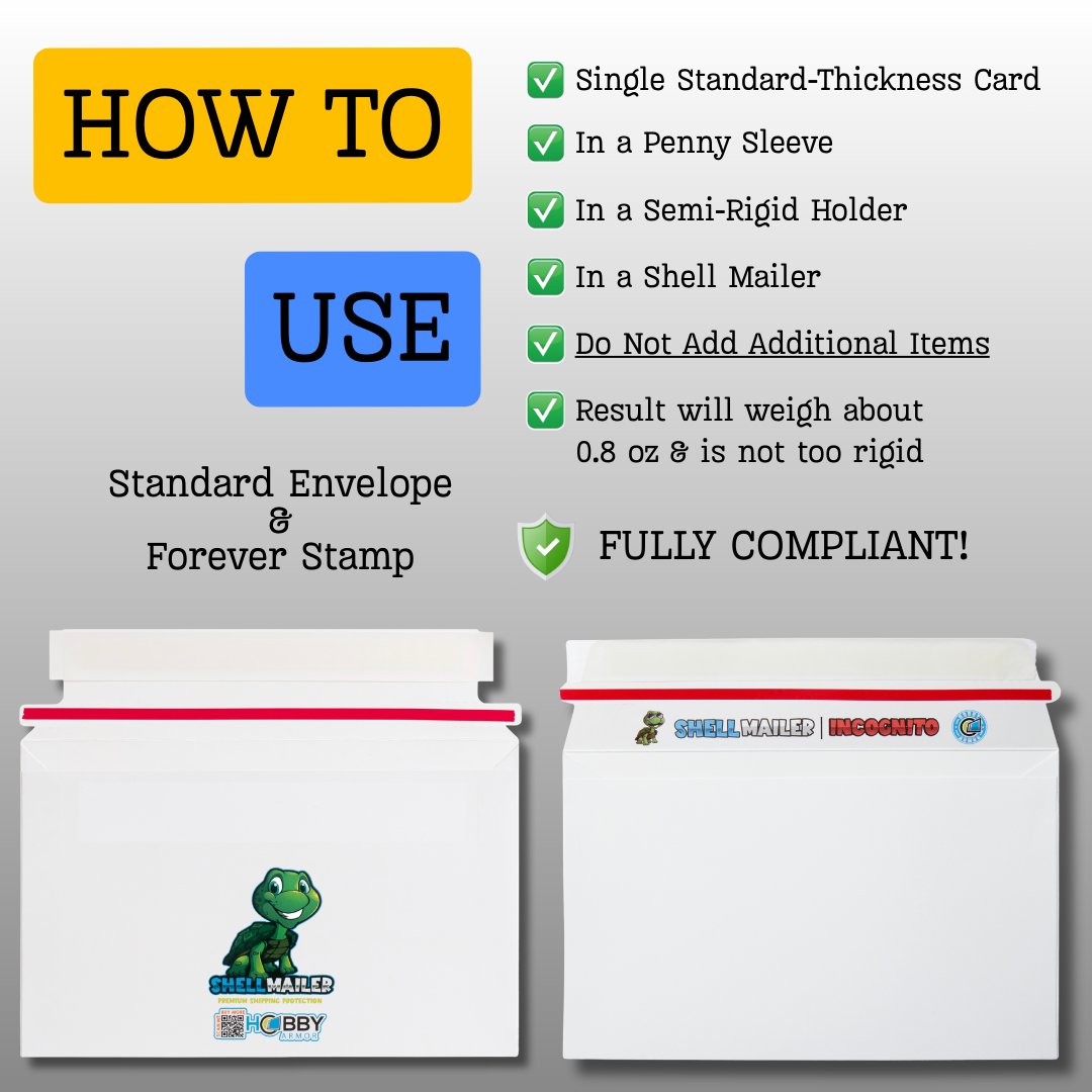 HobbyArmor's tweet photo. Here is the packing flow we recommend for shipping cards with the Shell Mailer. The main issue we see is people adding extra items that make the envelope too rigid. Do not add corrugated protectors. Follow this flow and your shipments will stay compliant.

#SHELLMAILER https://t.co/IWIvJqT49n
