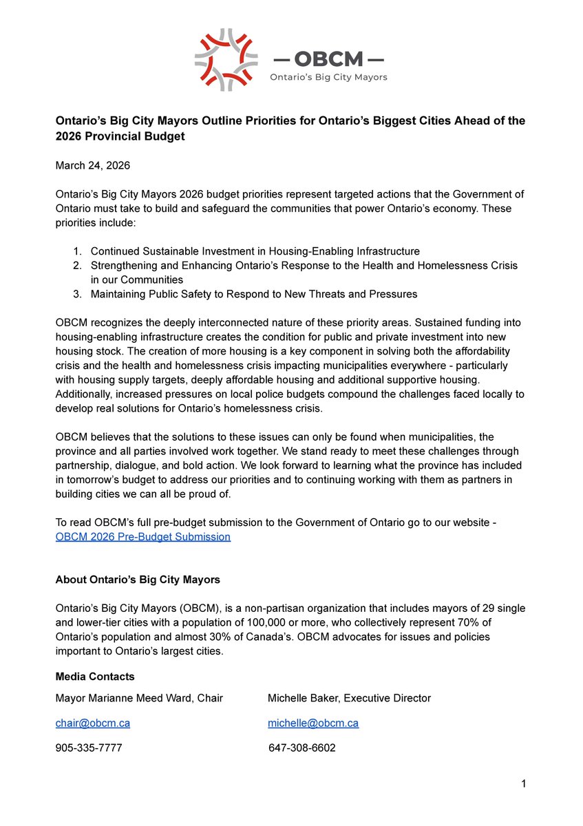 ONBigCityMayors's tweet photo. Ahead of tomorrow's provincial budget, Ontario's Big City Mayors are sharing our priorities for Ontario's biggest cities. 

Read more on our website -https://t.co/WKpeMANgrb https://t.co/4TmaIVNZSv