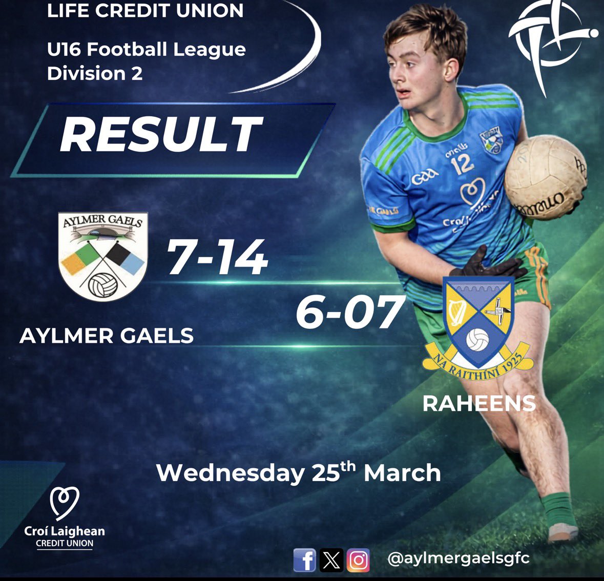 Great comeback win by our U16s this evening against a depleted Raheens side, who lined out with 13 players Trailing by 12 points in the first half, the lads produced a superb second half performance to turn things around and secure the victory.

Well done to team and mentors 🟢🔵
