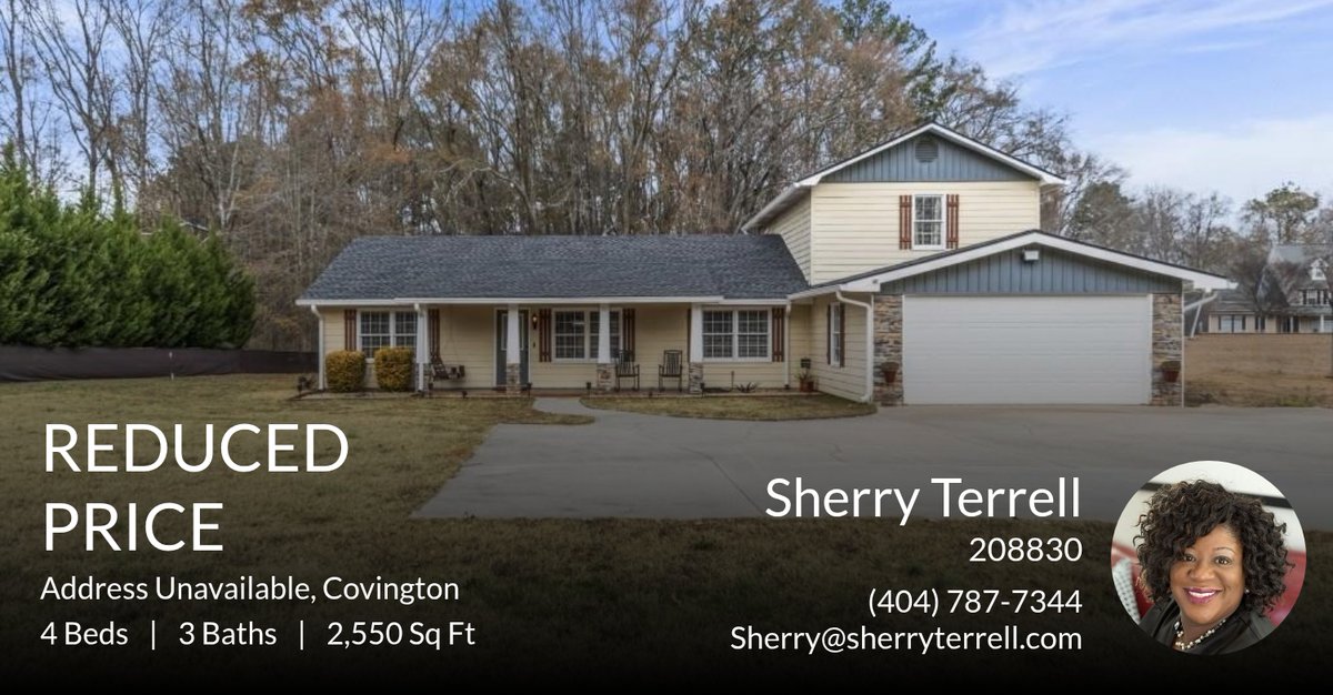 SherryUrRealtor's tweet photo. 📍 Reduced Price 📍 This recently reduced home at Address Unavailable in Covington won't last long, so, don't wait to set up a showing! Reach out here or at (404) 787-7344 for more information!

Sherry Terrell
Associate Broker, CRS... https://t.co/nW0q8aVJZh https://t.co/PfWBCDOS85