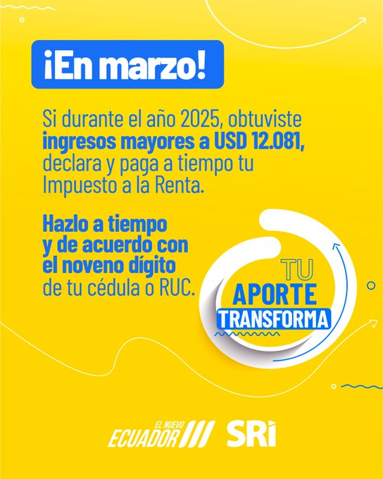 RonaldDomingz_'s tweet photo. ¡Cumplir con el país es responsabilidad de todos! 
 
 ✅Declara y paga a tiempo tu #ImpuestoALaRenta. 
 
 Más información 👉🏻 https://t.co/NIWCFnpZzy 
 
 #ElNuevoEcuador
 #TuAporteTransforma https://t.co/ifv3UlKhxT