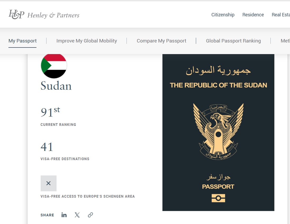 جواز السفر السوداني يمنحك الوصول لـ 41 وجهة حول العالم بتسهيلات 
(بدون تأشيرة أو عند الوصول). 🇸🇩✈️
، إليكم القائمة في هذا الثريد.. 👇
حسب تصنيف موقع henley and partners