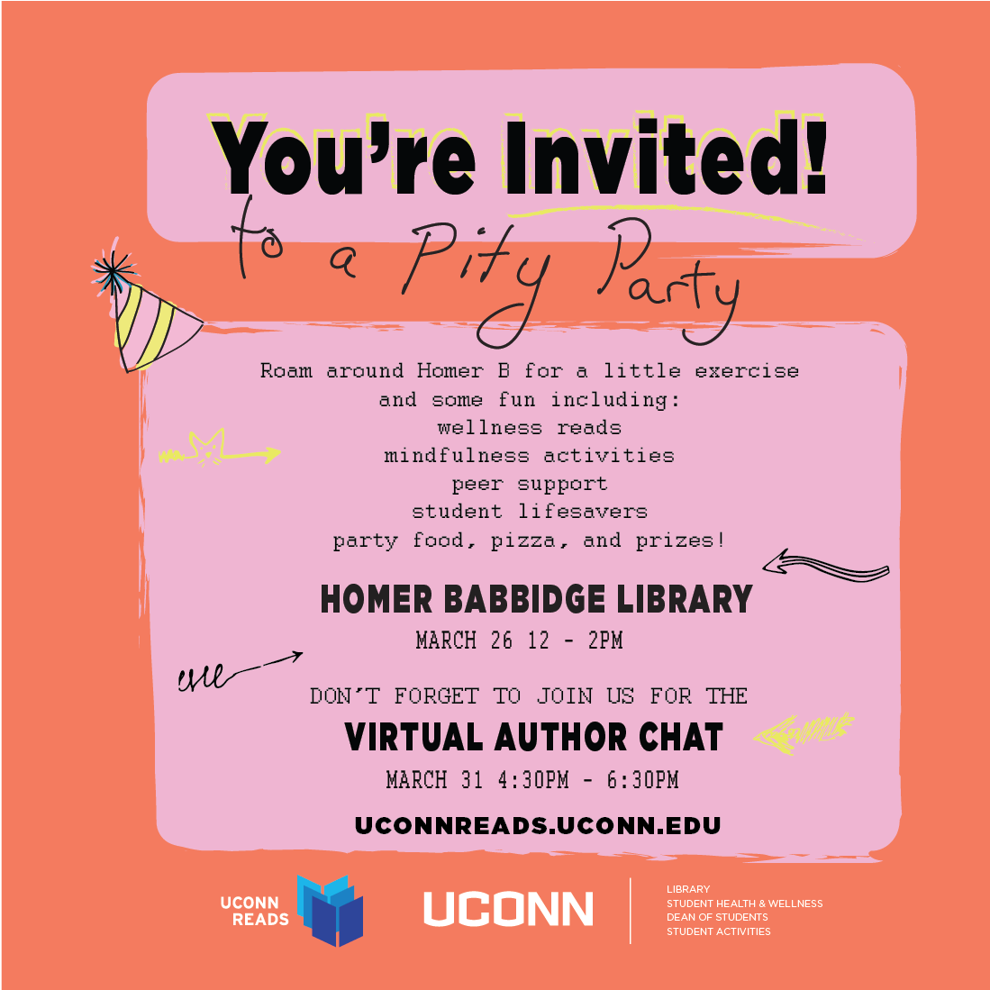 uconnlibrary's tweet photo. Pity Party Fever!! The last of the Pity Parties is happening tomorrow in HBL from 12-2. As you traverse the library, you'll find wellness reads, mindfulness activities, peer support, student lifesavers, party food, pizza and prizes. https://t.co/MXUT7vYMxN